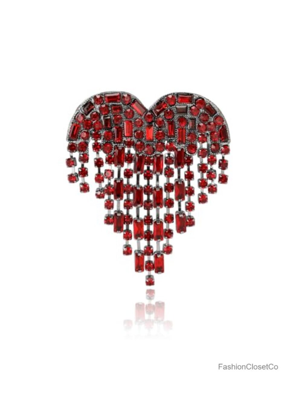 Rhinestone Heart Brooch Tassel Fringe Vintage Statement Gold Silver